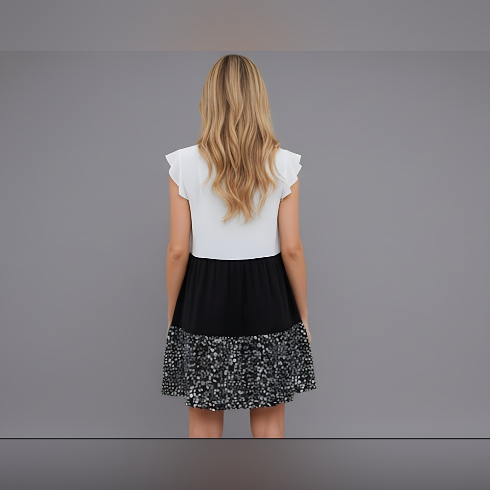 Black/White Color Block Ruffle Trim Smock Dress - Picture 3 of 8